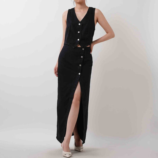 Breathable Denim Vest & Split Hem Skirt Set - Sleeveless with Button Front & Casual Fit Cherie Code