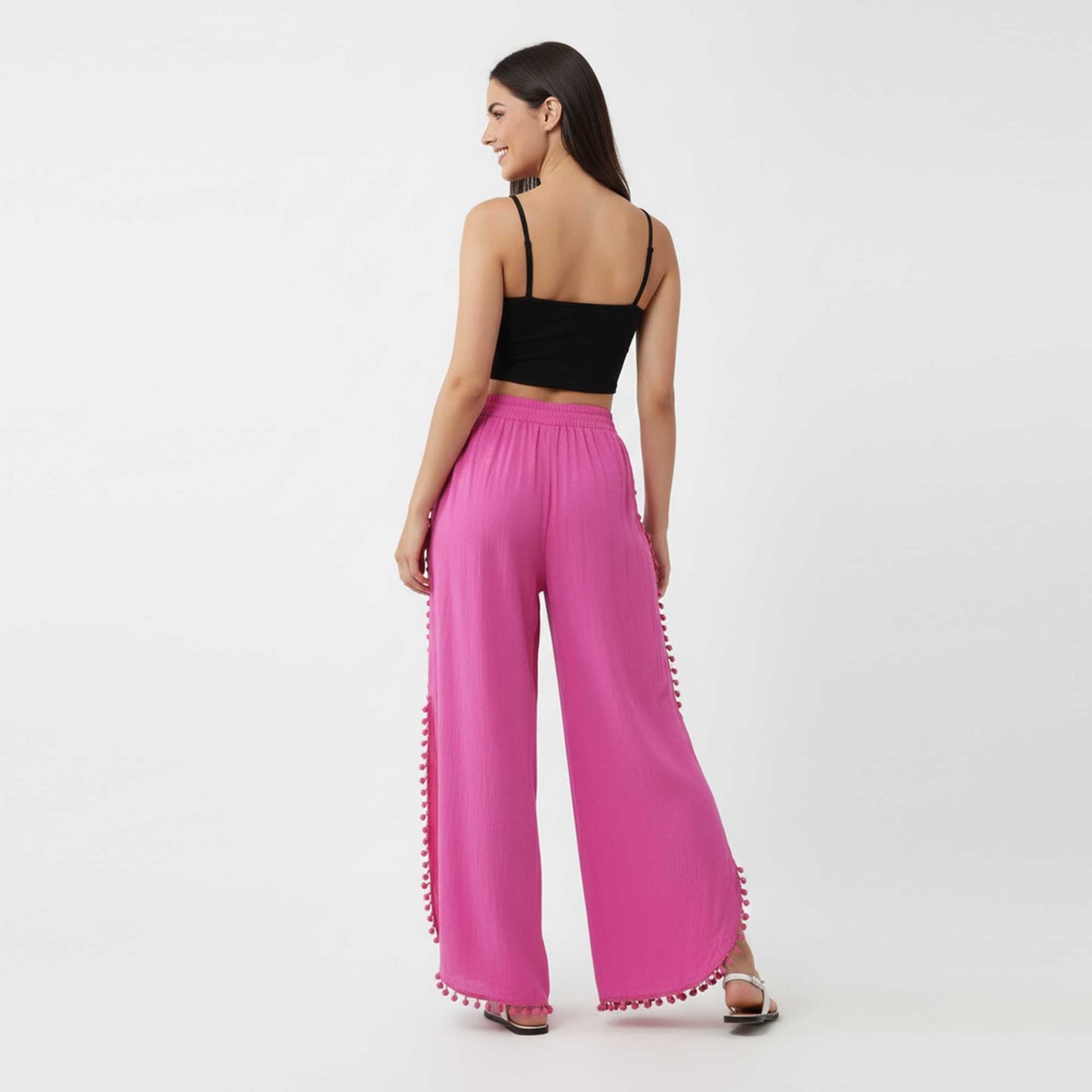 Cherie Code Women's Cotton Wide Leg Pants with Side Split and Pom Trim – Casual Fit