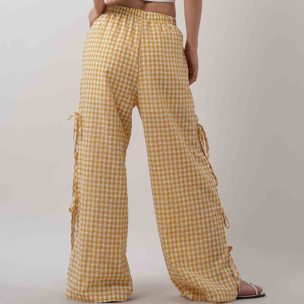 Women Everyday Checked Elastic Waist Side Strape Bowtie Casual Loungewear Pants Cherie Code