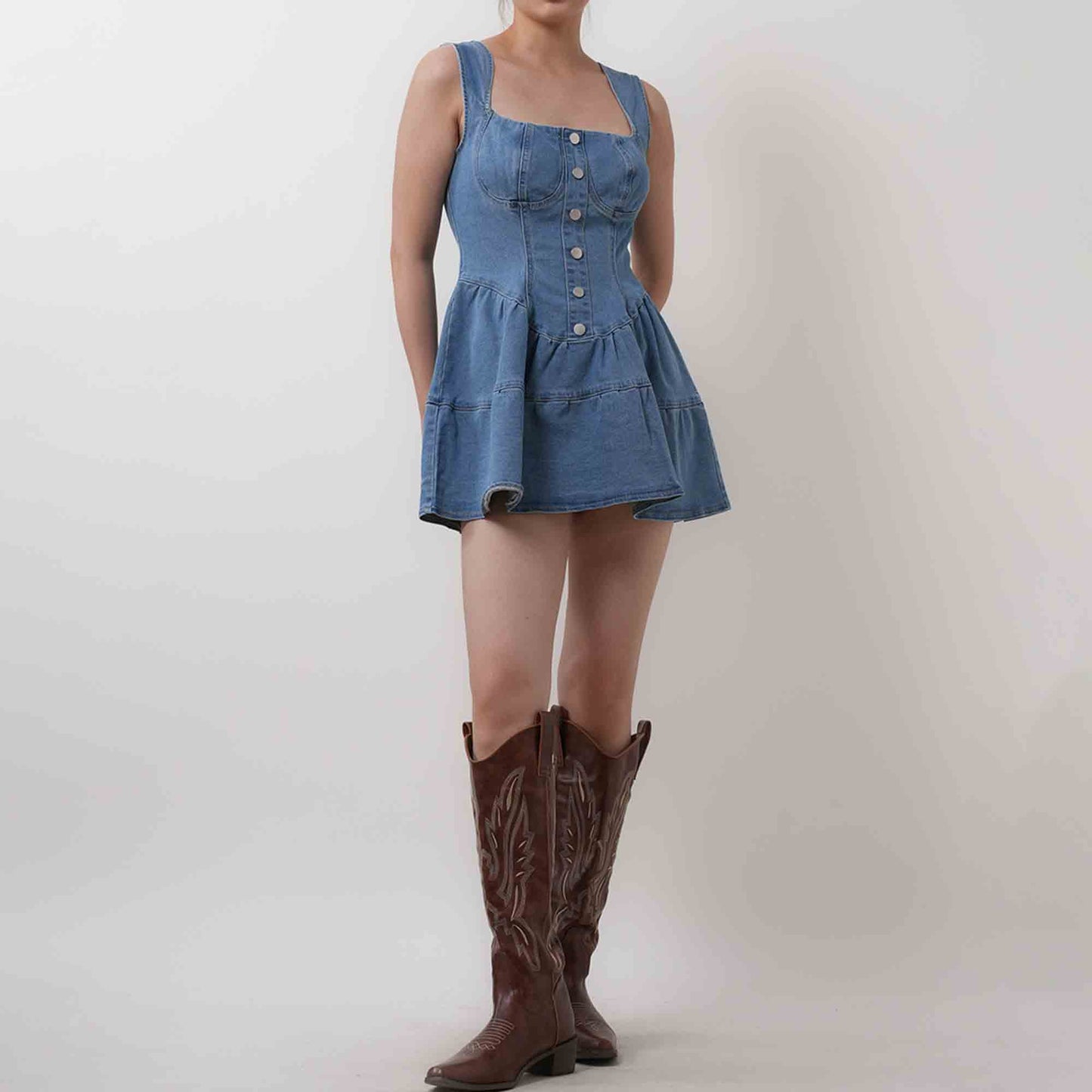 Casual Denim Blue Mini Dress - Strappy Sleeveless with Silver Button Details Cherie Code