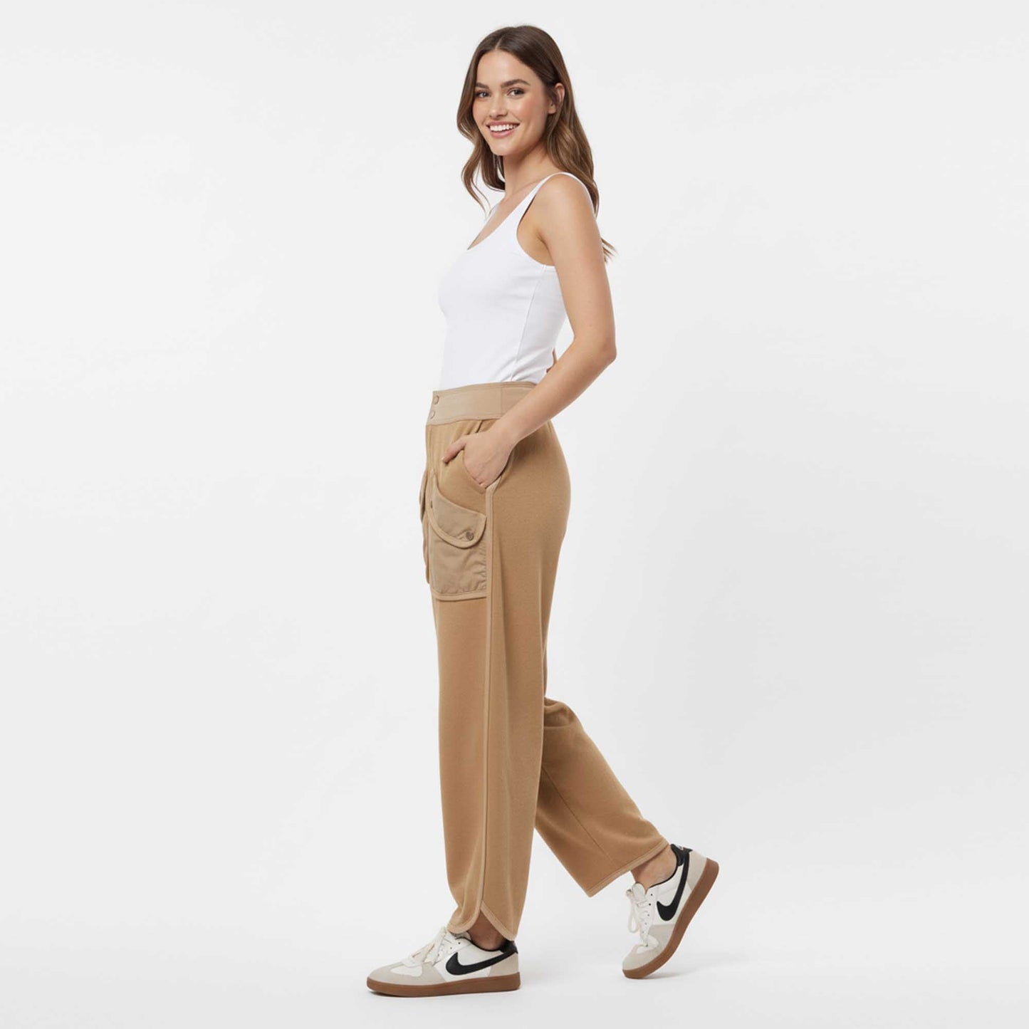 Cherie Code Women's Wide Leg Cargo Pants with Patched Flap Pockets - Mid Rise Casual Trousers