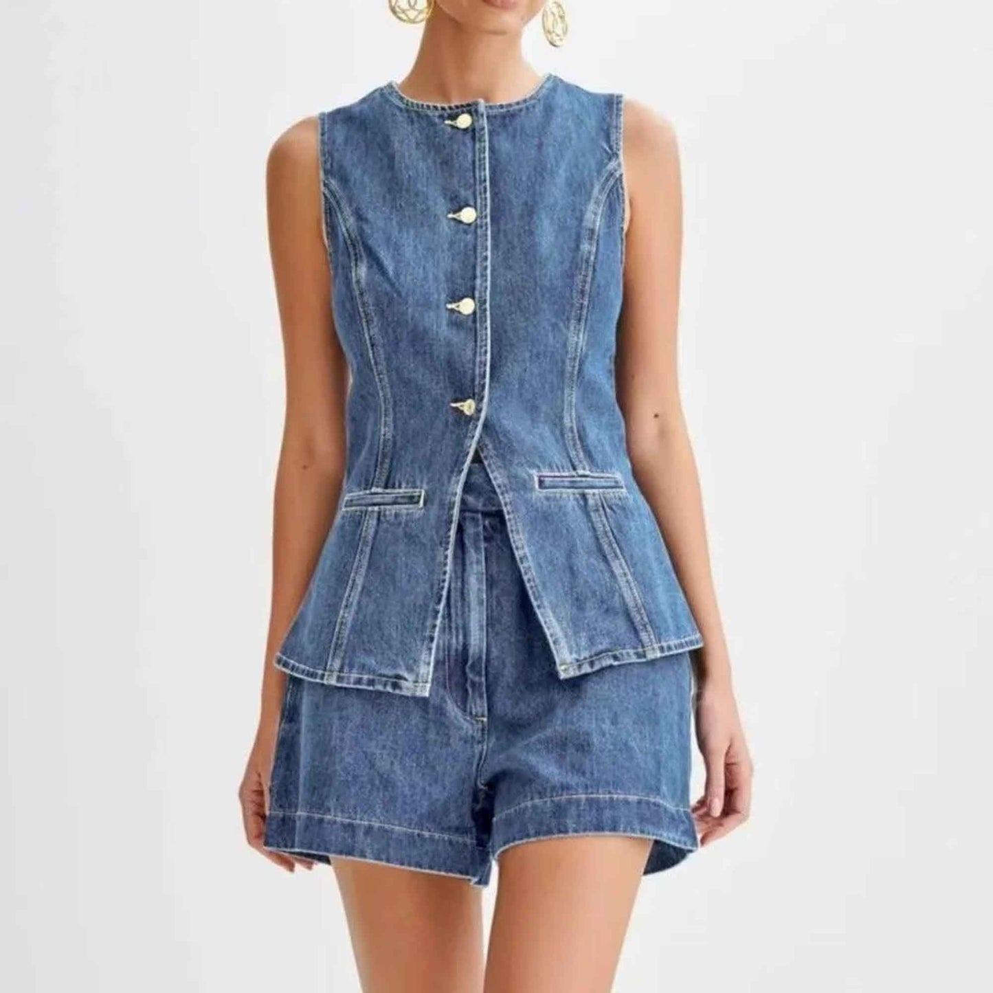Women's Denim Shorts Set - High Waist Casual Outfit Sleeveless Top with Shorts Cherie Code