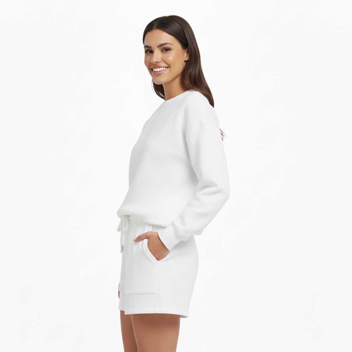Cherie Code Women's Green Long Sleeve Cotton Sweatshirt and Shorts Set – Casual Fit with Elastic Waist and Pockets