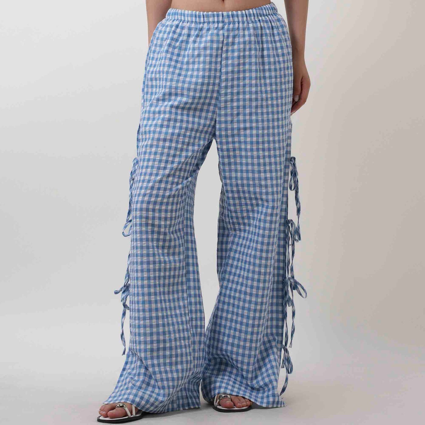 Women Everyday Checked Elastic Waist Side Strape Bowtie Casual Loungewear Pants Cherie Code