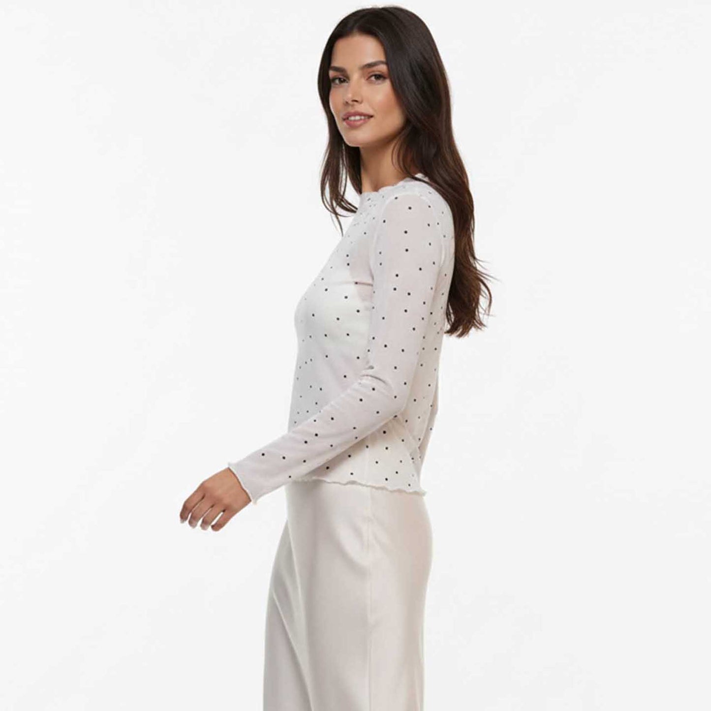 Cherie Code Women's Mesh Dot Print Top – Slim Long-Sleeve Layer, Stretch