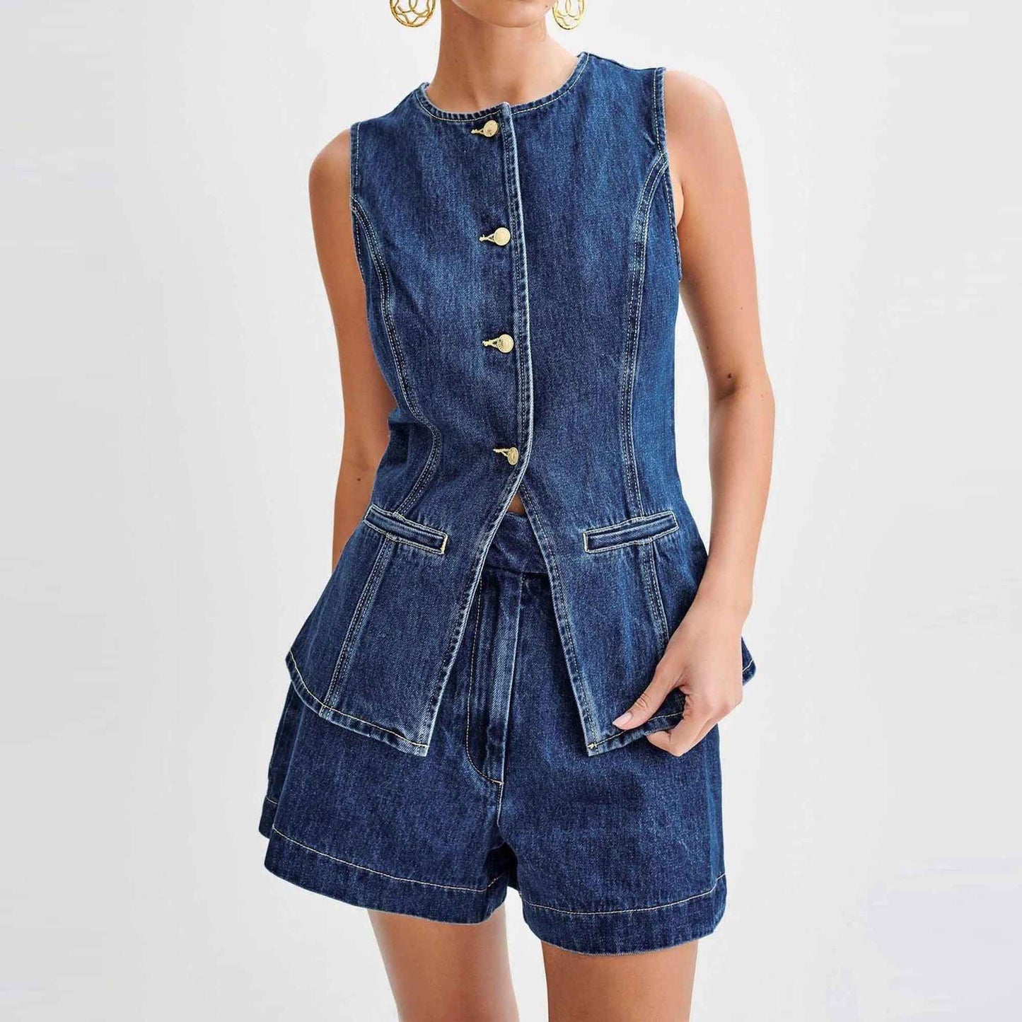 Women's Denim Shorts Set - High Waist Casual Outfit Sleeveless Top with Shorts Cherie Code