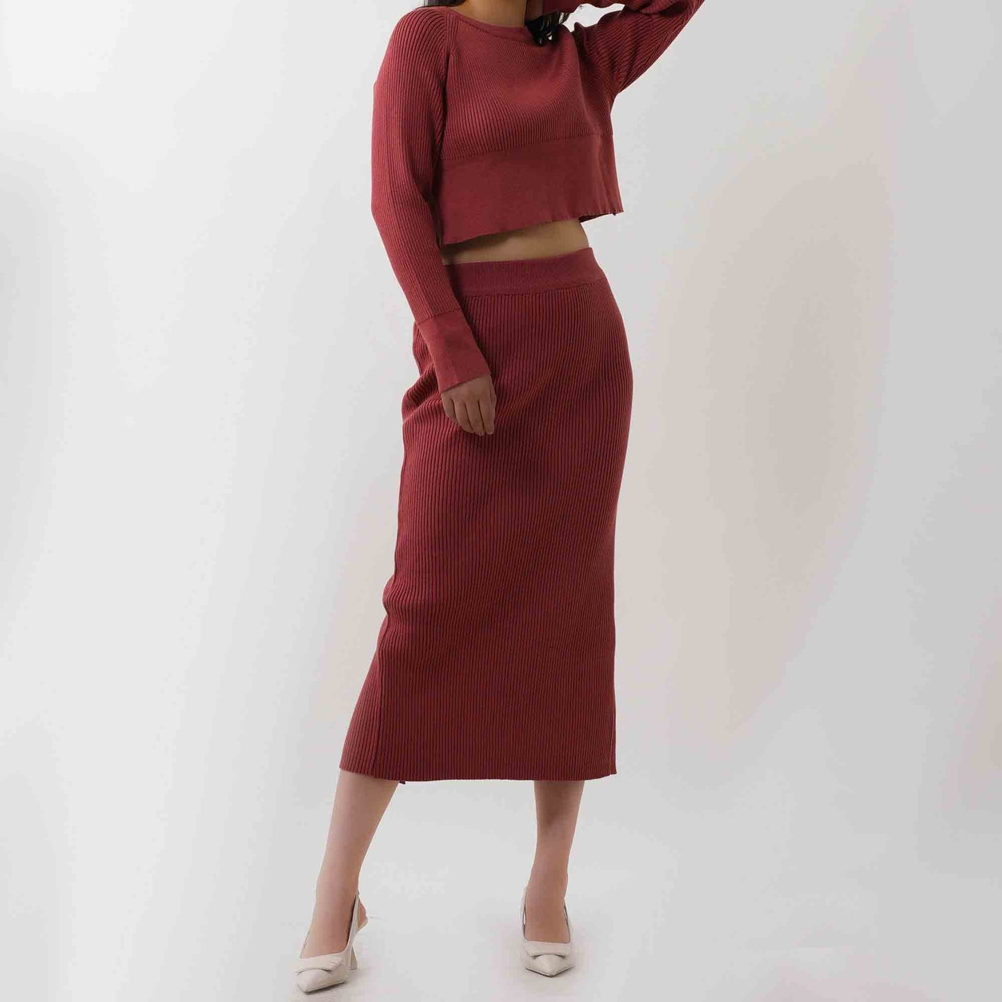 Women's Sweater Set - Stretch Knit Top & Back-Slit Midi Skirt Matching Set Cherie Code