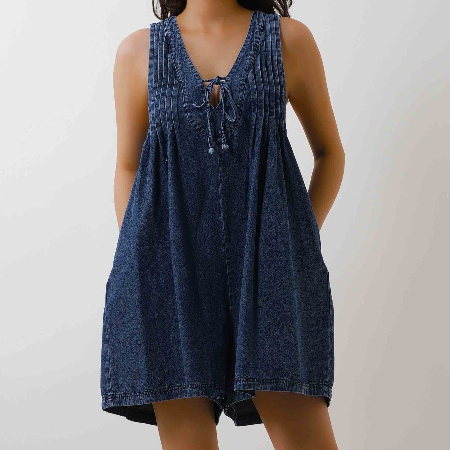 Women's Denim Romper - Sleeveless V-Neck Jumpsuit with Tie Front & Pockets Cherie Code