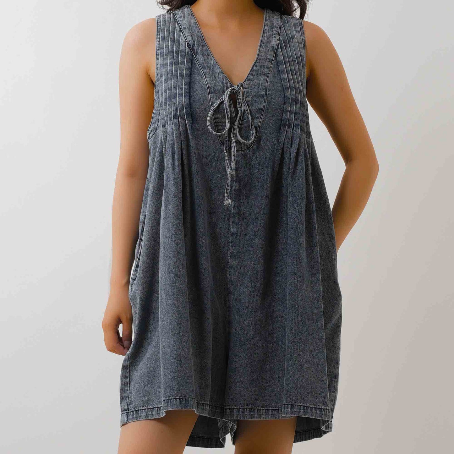 Women's Denim Romper - Sleeveless V-Neck Jumpsuit with Tie Front & Pockets Cherie Code