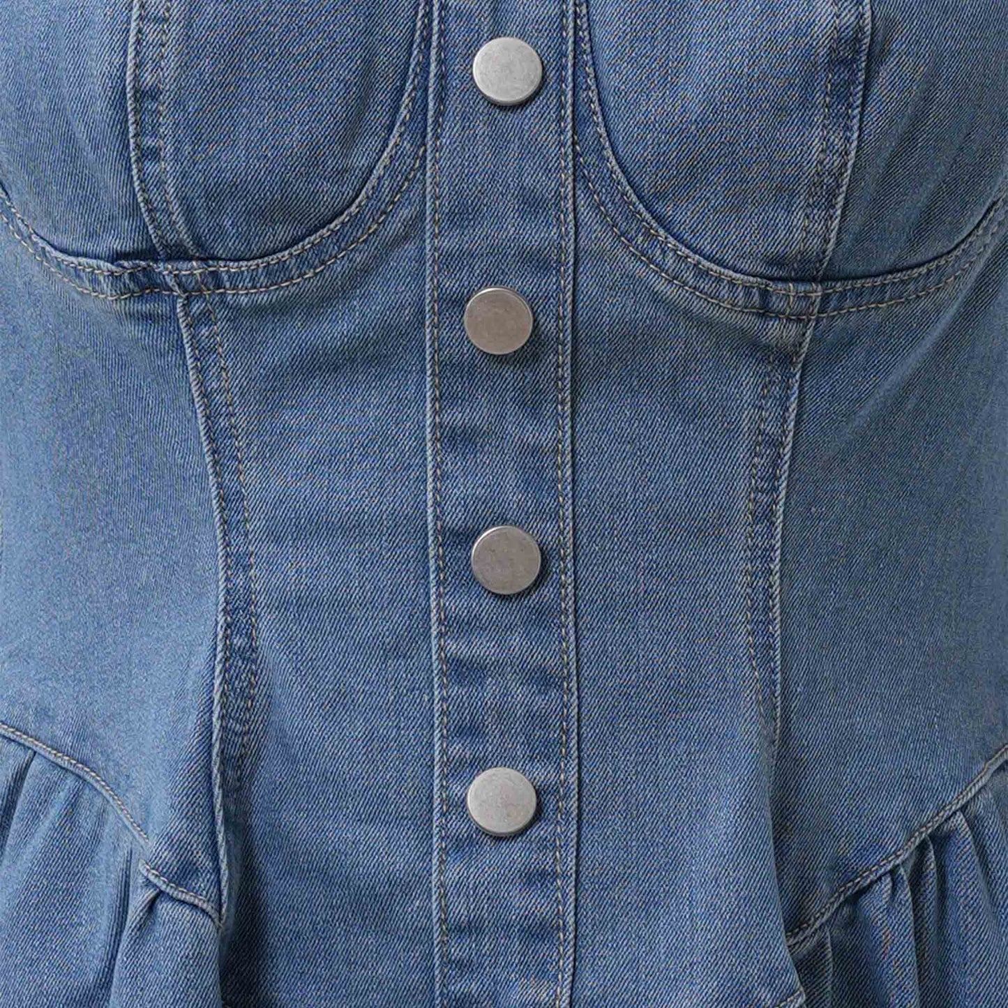 Casual Denim Blue Mini Dress - Strappy Sleeveless with Silver Button Details Cherie Code