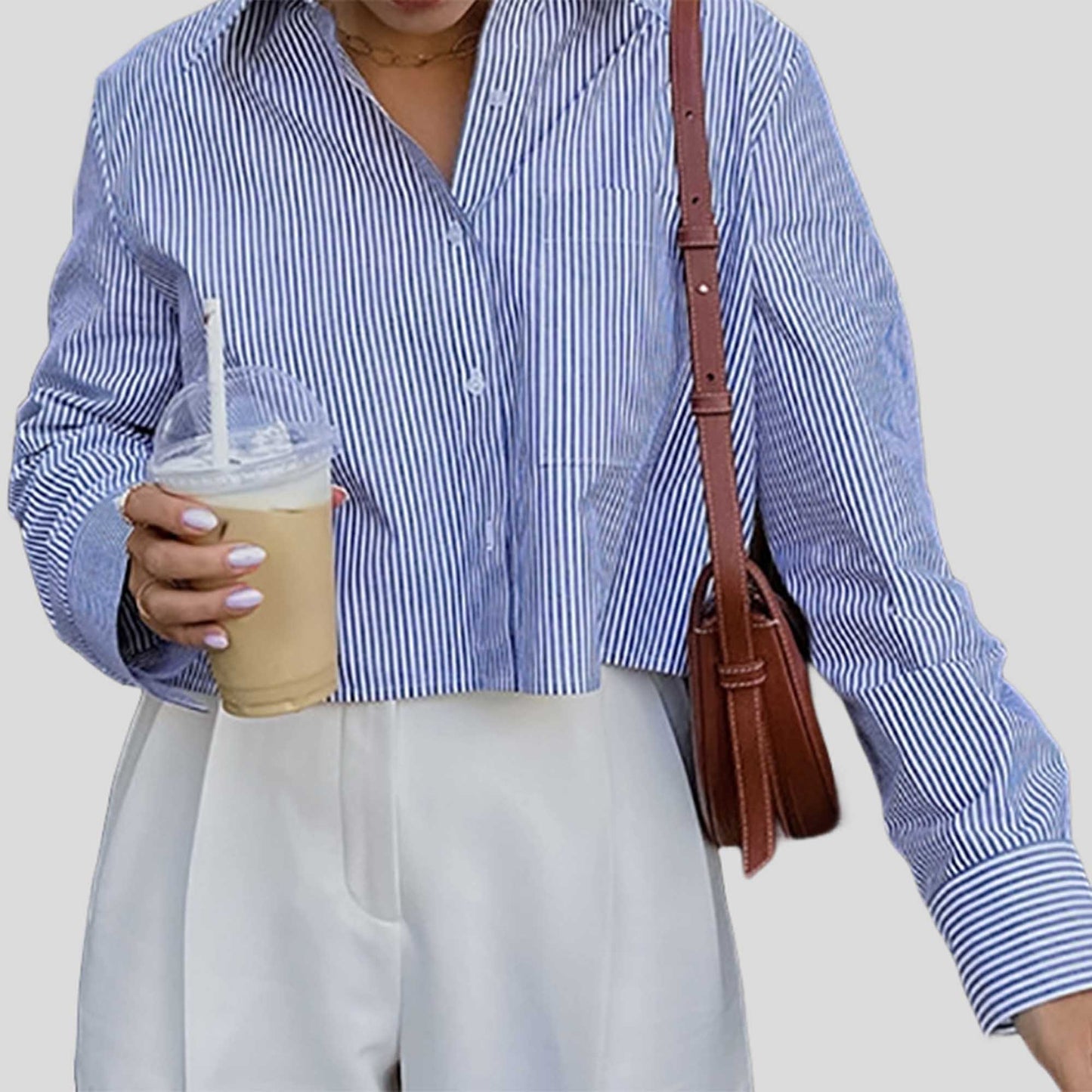 Women Blue Stripe Button-Down Shirt with Turn-Down Collar & Cuffed Sleeves – Polyester-Cotton Blend Cherie Code