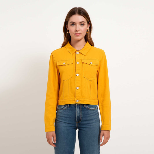 Women's Solid Color Denim Jacket with Pockets – Long Sleeve Button Front Casual Outerwear by Cherie Code