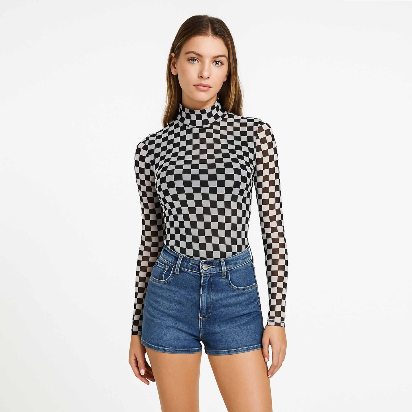 Women's Grid Print Sheer High Neck Top– Cherie Code