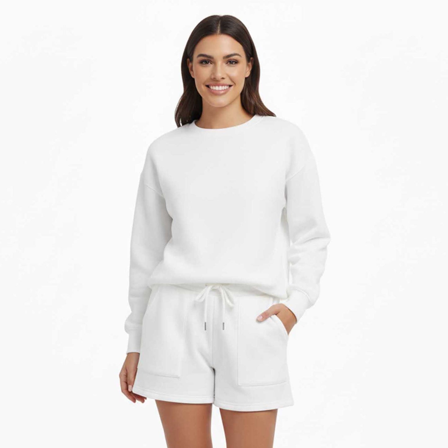 Cherie Code Women's Green Long Sleeve Cotton Sweatshirt and Shorts Set – Casual Fit with Elastic Waist and Pockets