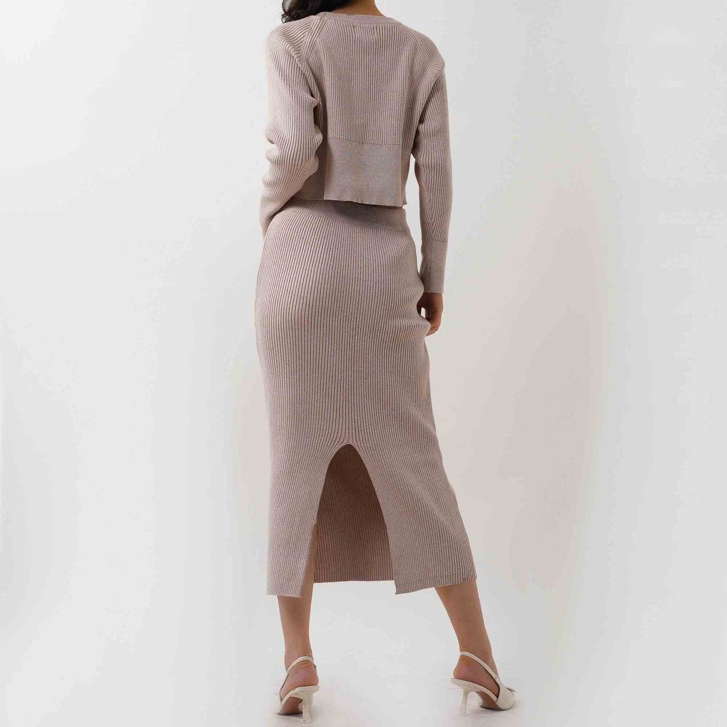 Women's Sweater Set - Stretch Knit Top & Back-Slit Midi Skirt Matching Set Cherie Code