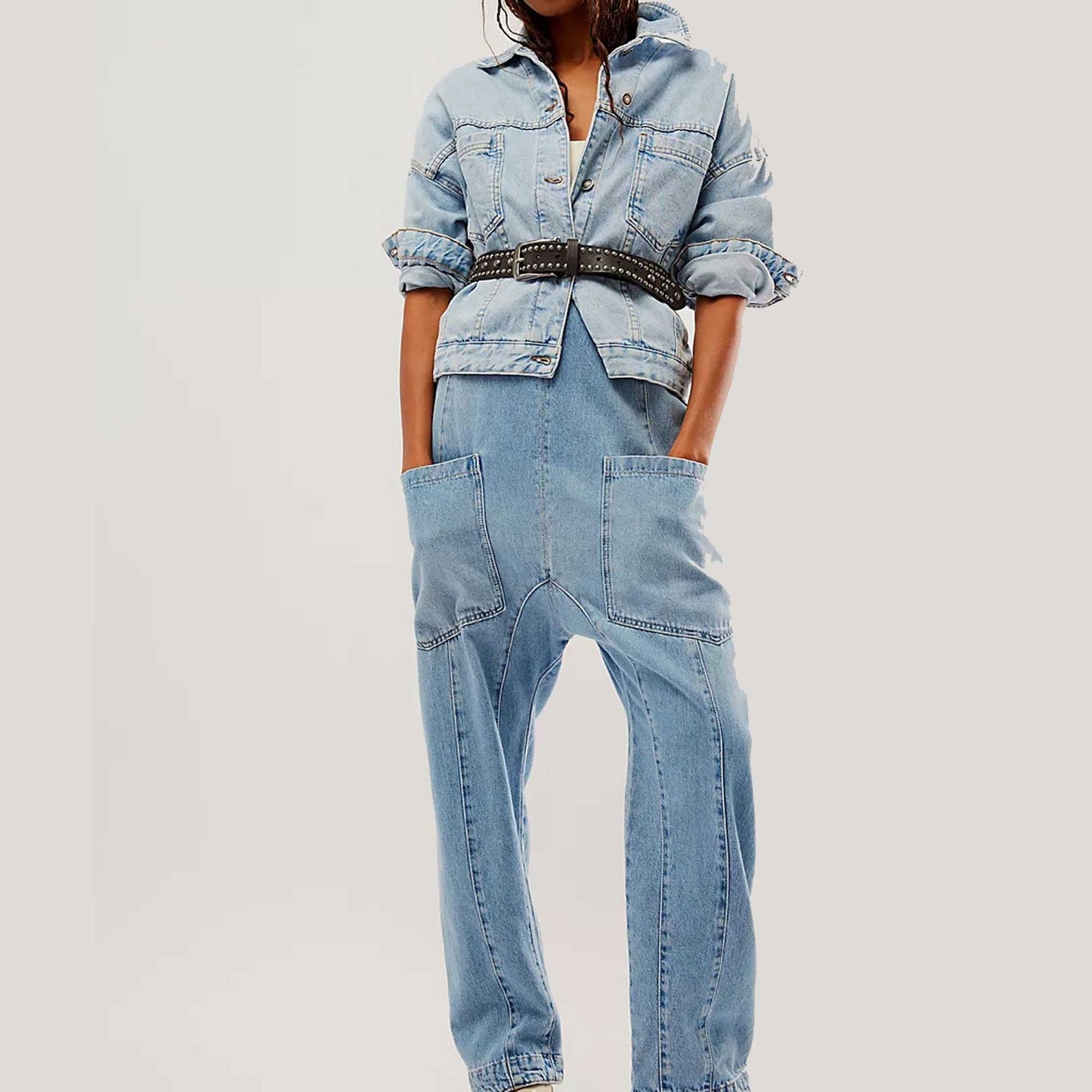 Woman Relaxed Fit Reversible Denim Jumpsuit with Adjustable Straps – Medium Wash Cherie Code