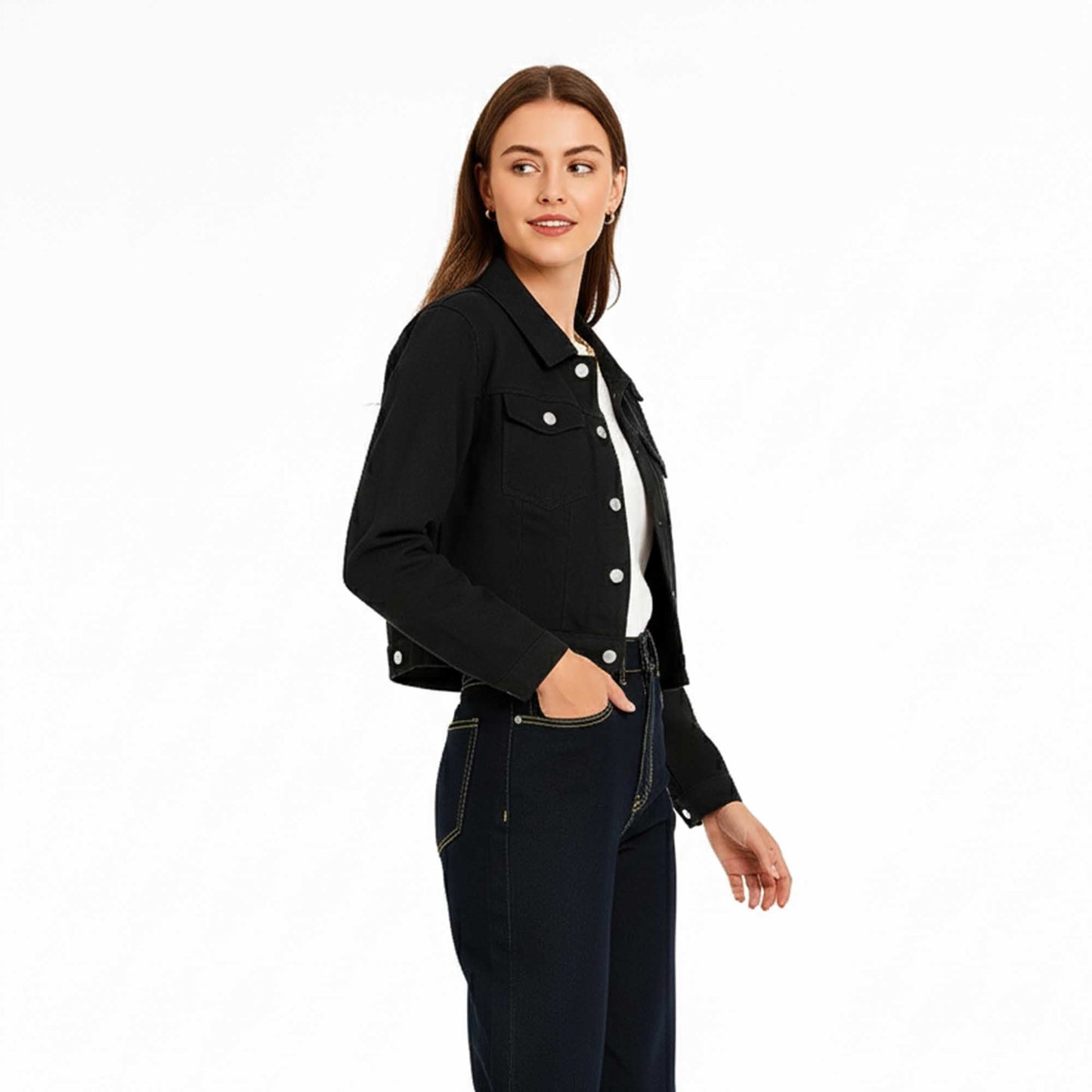 Women's Solid Color Denim Jacket with Pockets – Long Sleeve Button Front Casual Outerwear by Cherie Code