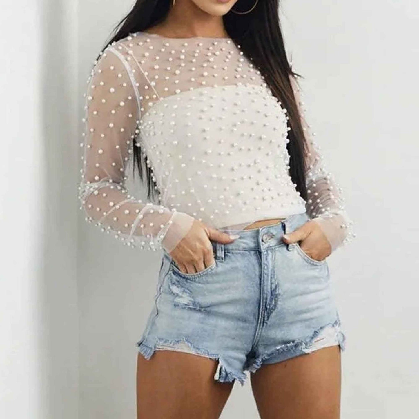Chic Long Sleeve Sheer Top with Pearl Details - Non-Stretch Polyamide Layering Essential Cherie Code