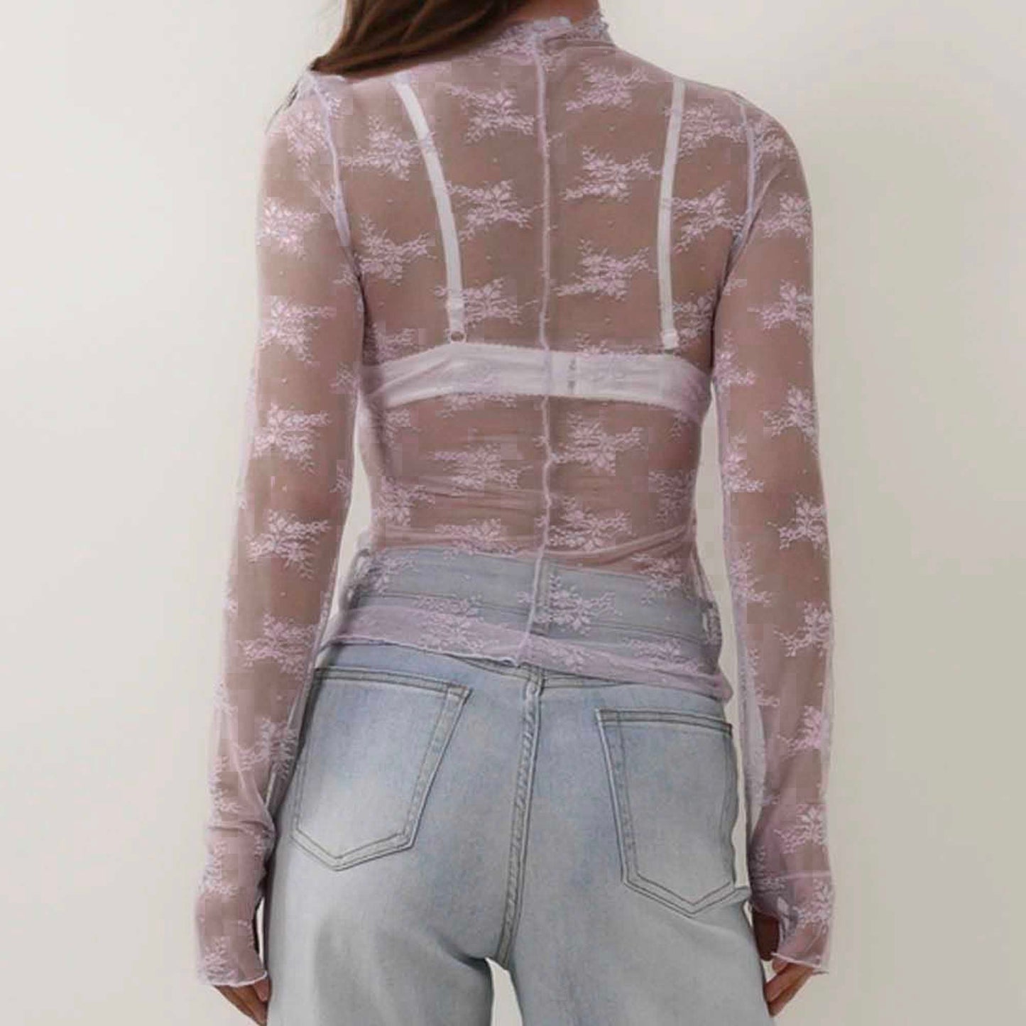 Women's Floral Lace Slim-Fit Top – Sheer Stretch Tee with Baby Overlock Edge Cherie Code