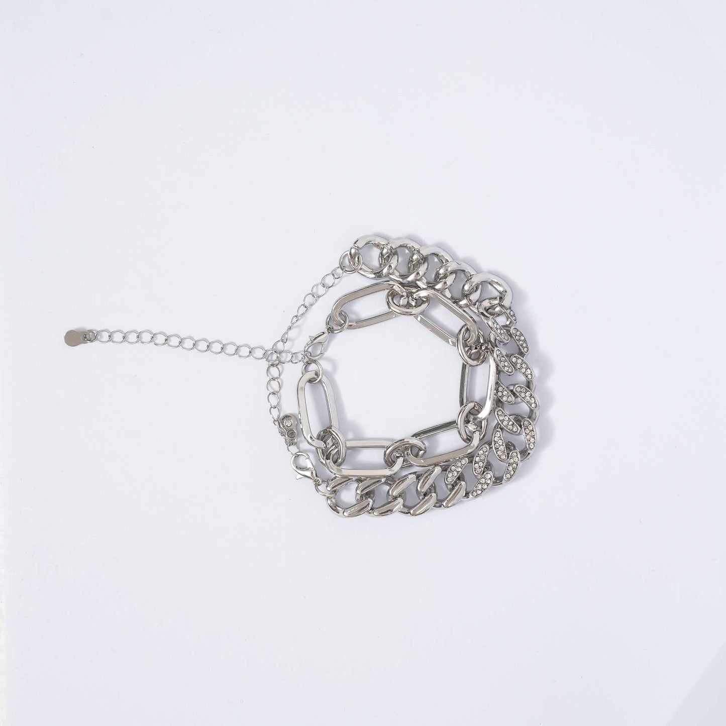Women's 2-Piece Silver Chain Bracelet Set with Rhinestone Accents – Adjustable Layered Link Jewelry by Cherie Code