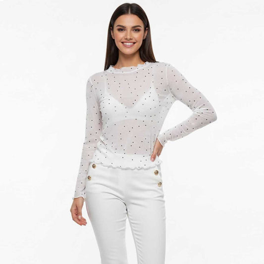 Cherie Code Women's Mesh Dot Print Top – Slim Long-Sleeve Layer, Stretch