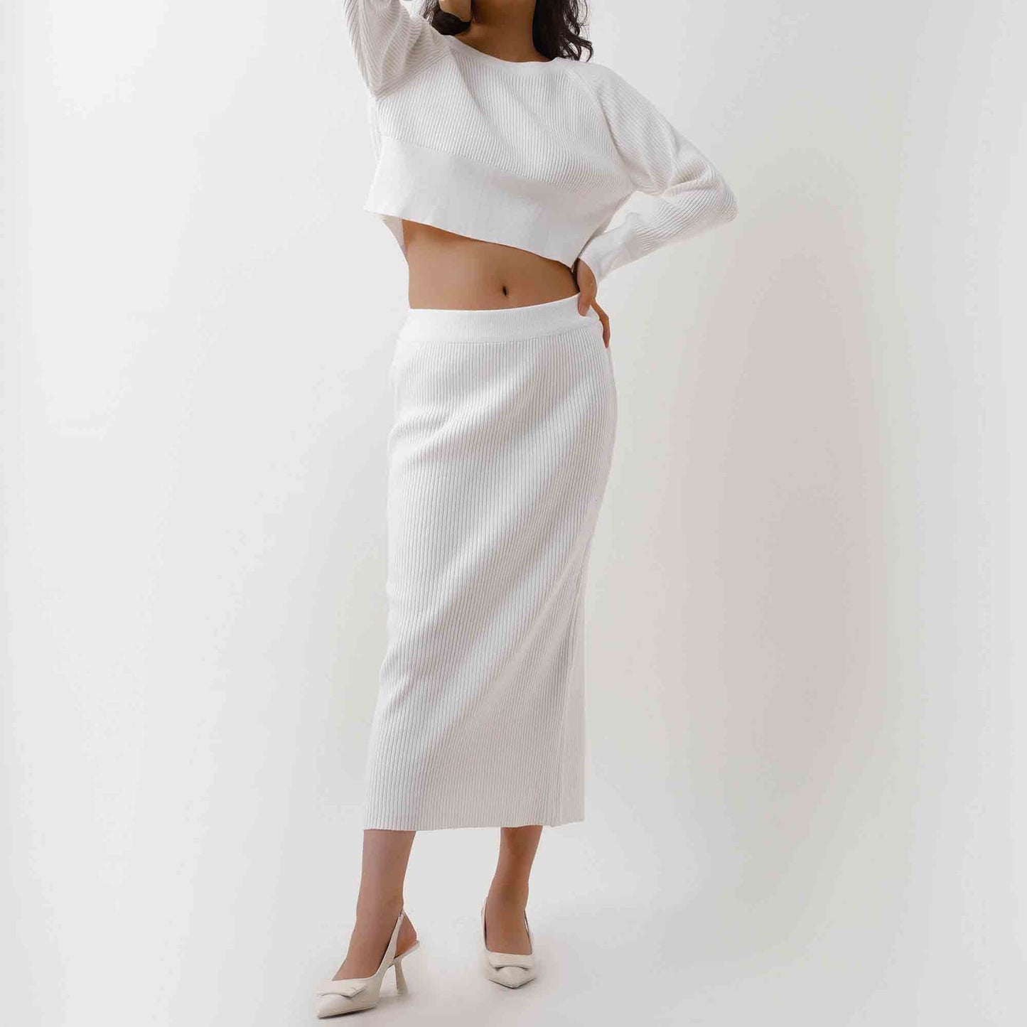 Women's Sweater Set - Stretch Knit Top & Back-Slit Midi Skirt Matching Set Cherie Code