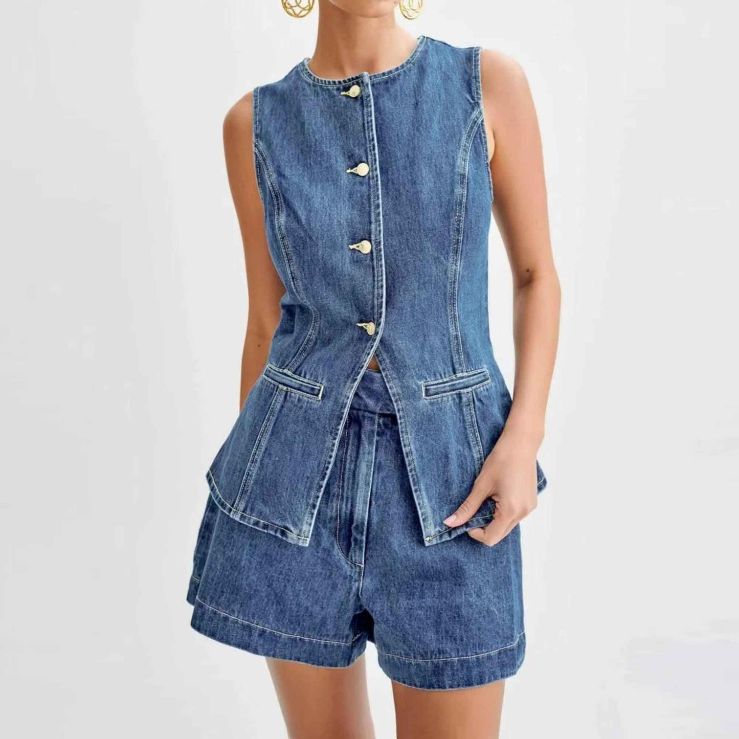 Women's Denim Shorts Set - High Waist Casual Outfit Sleeveless Top with Shorts Cherie Code