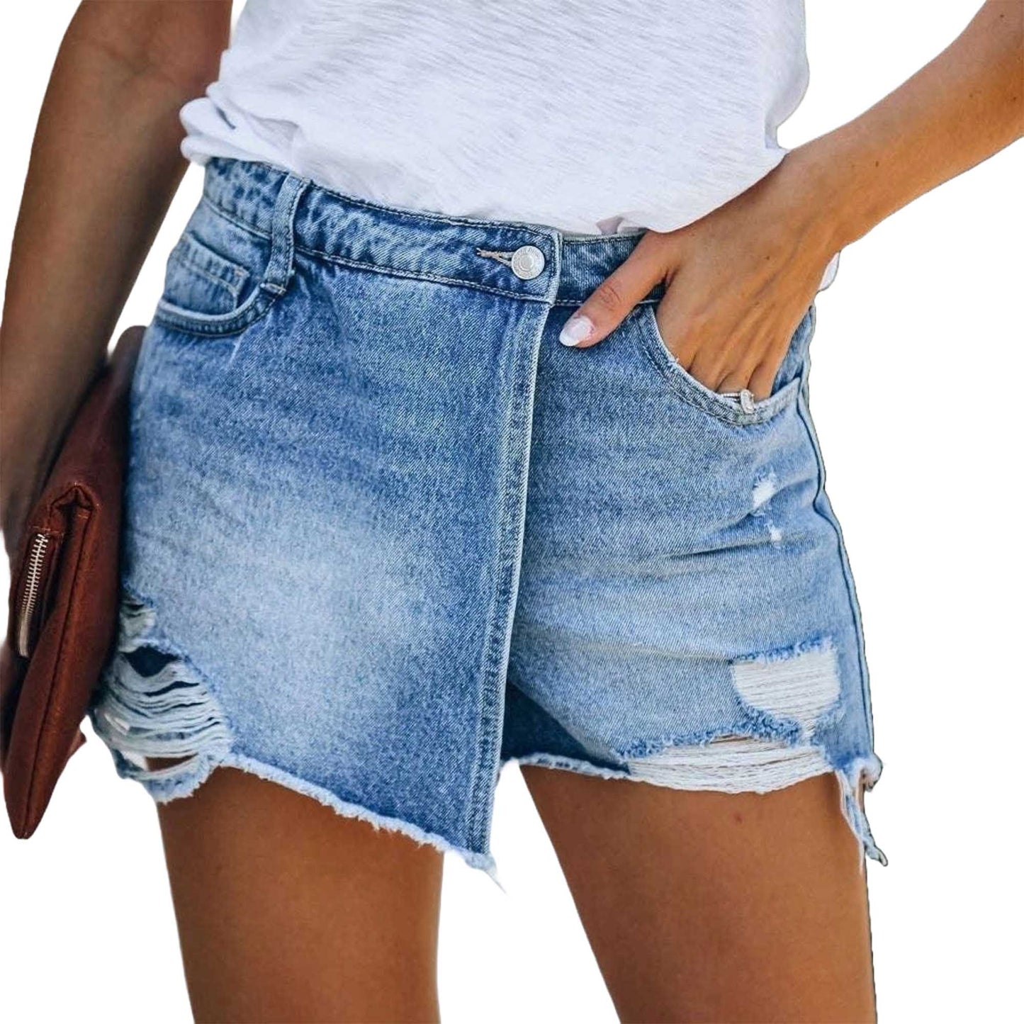 Women's Denim Shorts - Mid-Rise Button Closure with 5 Pockets & Raw Hem Cherie Code