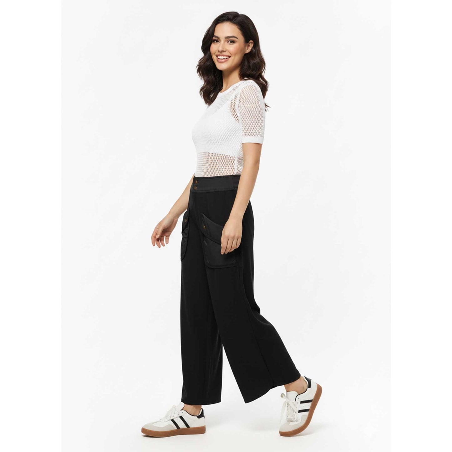 Cherie Code Women's Wide Leg Cargo Pants with Patched Flap Pockets - Mid Rise Casual Trousers