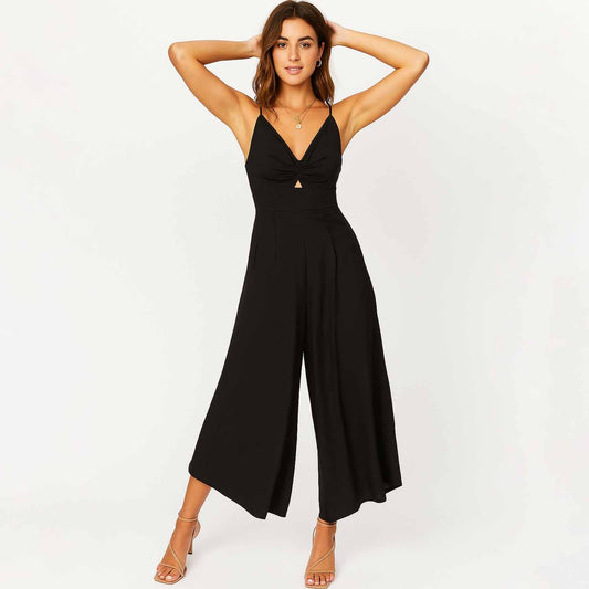 Woman V-Neck Cutout Wide-Leg Jumpsuit – 100% Cotton Casual High Waist Cherie Code