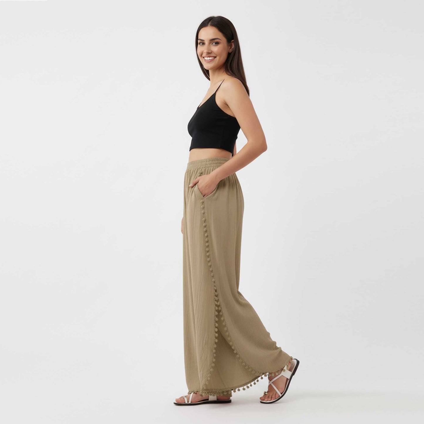 Cherie Code Women's Cotton Wide Leg Pants with Side Split and Pom Trim – Casual Fit