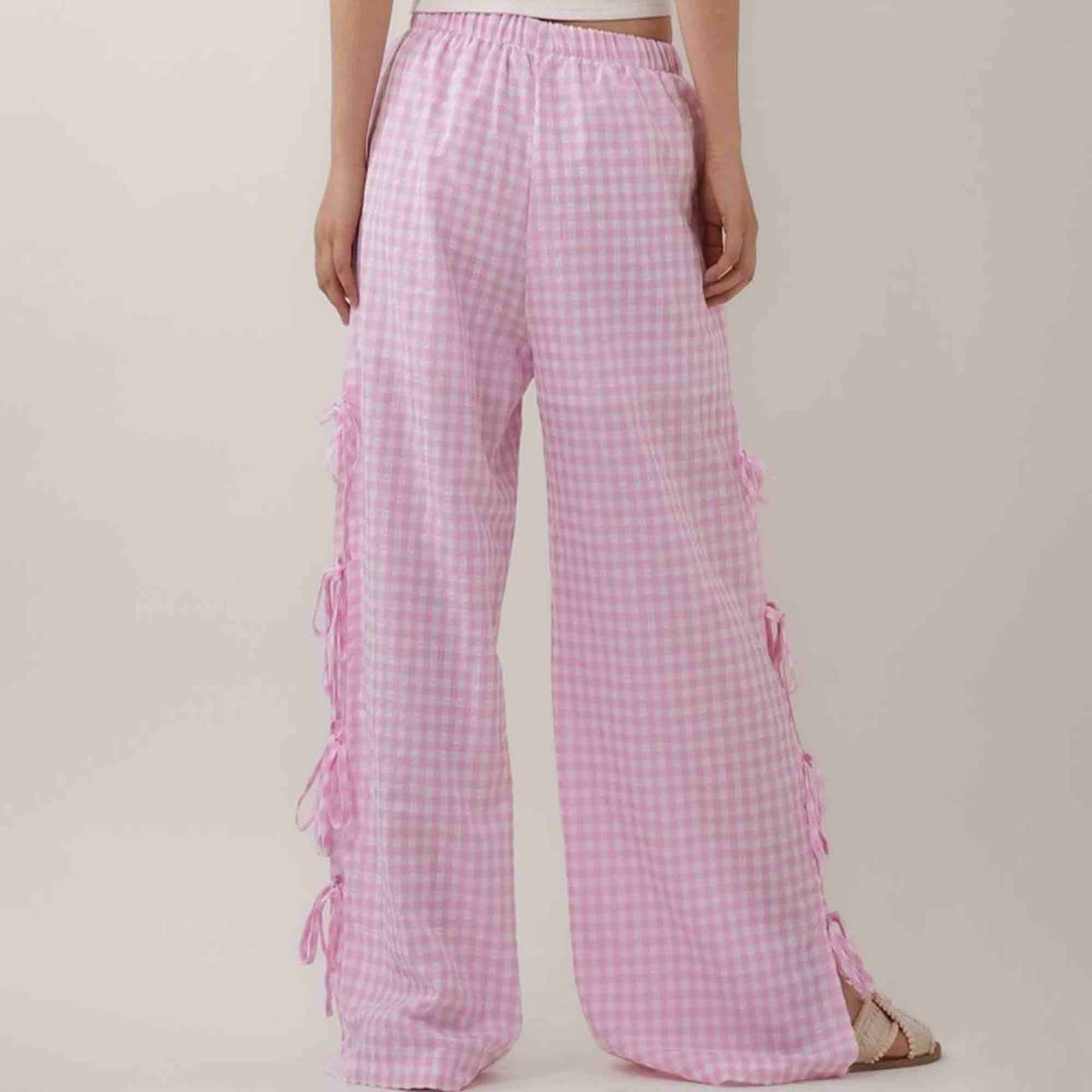 Women Everyday Checked Elastic Waist Side Strape Bowtie Casual Loungewear Pants Cherie Code