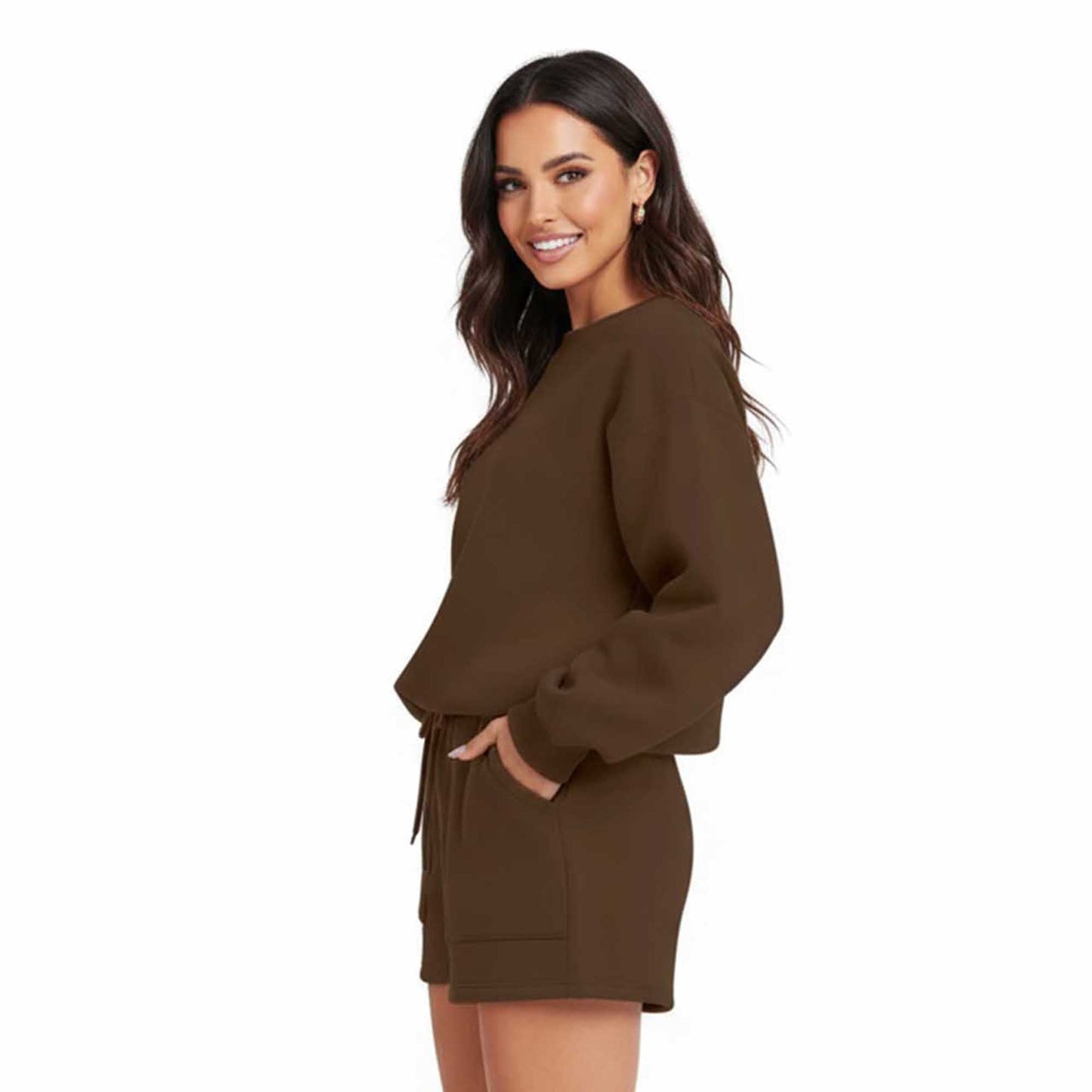 Cherie Code Women's Green Long Sleeve Cotton Sweatshirt and Shorts Set – Casual Fit with Elastic Waist and Pockets