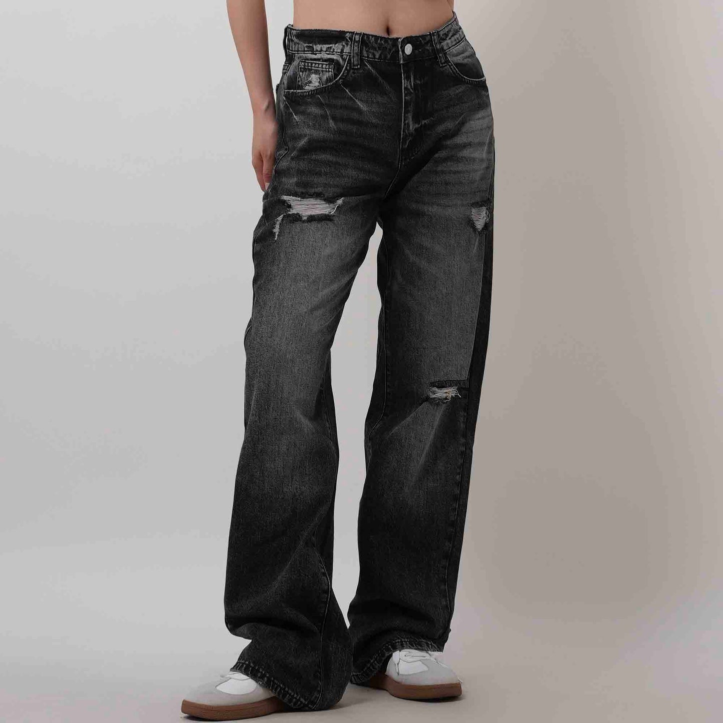 Women's High Waist Straight Leg Jeans - Distressed Wash with 5-Pocket Design Cherie Code