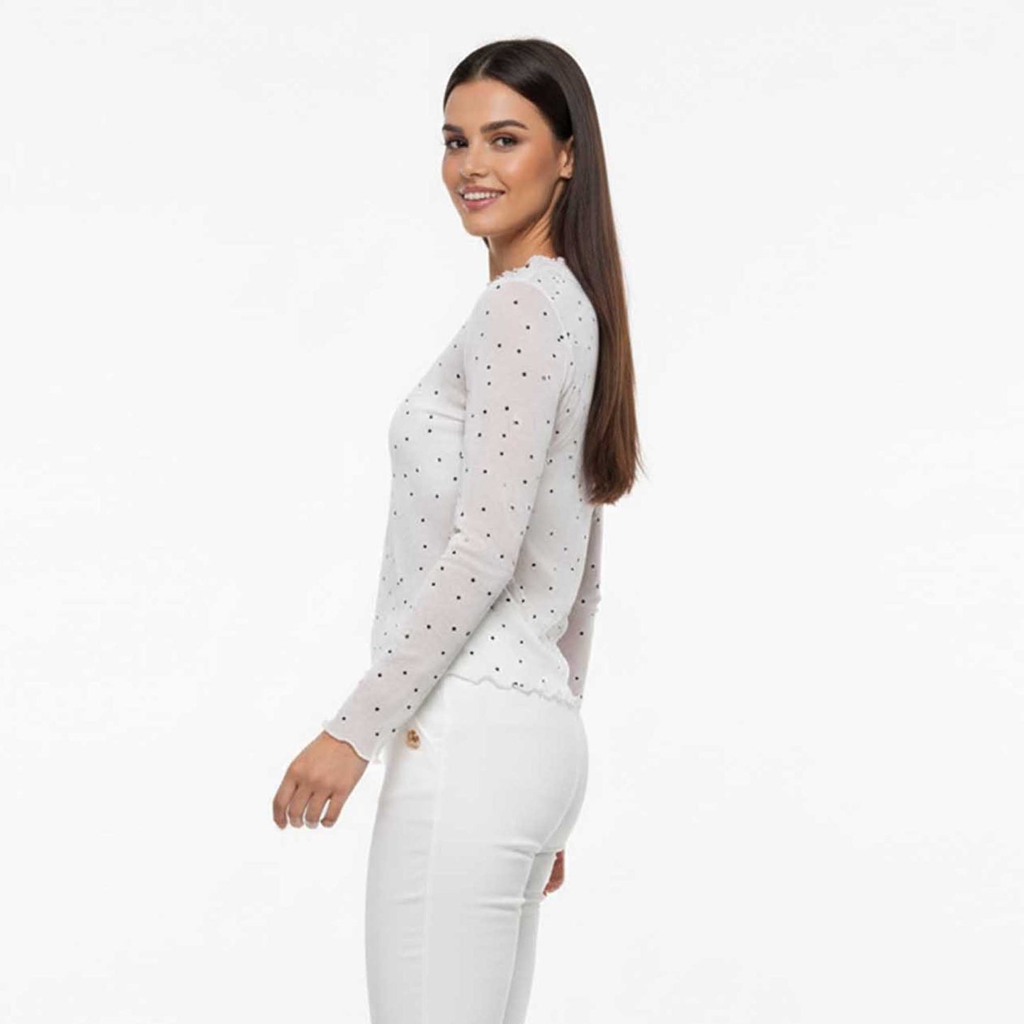 Cherie Code Women's Mesh Dot Print Top – Slim Long-Sleeve Layer, Stretch