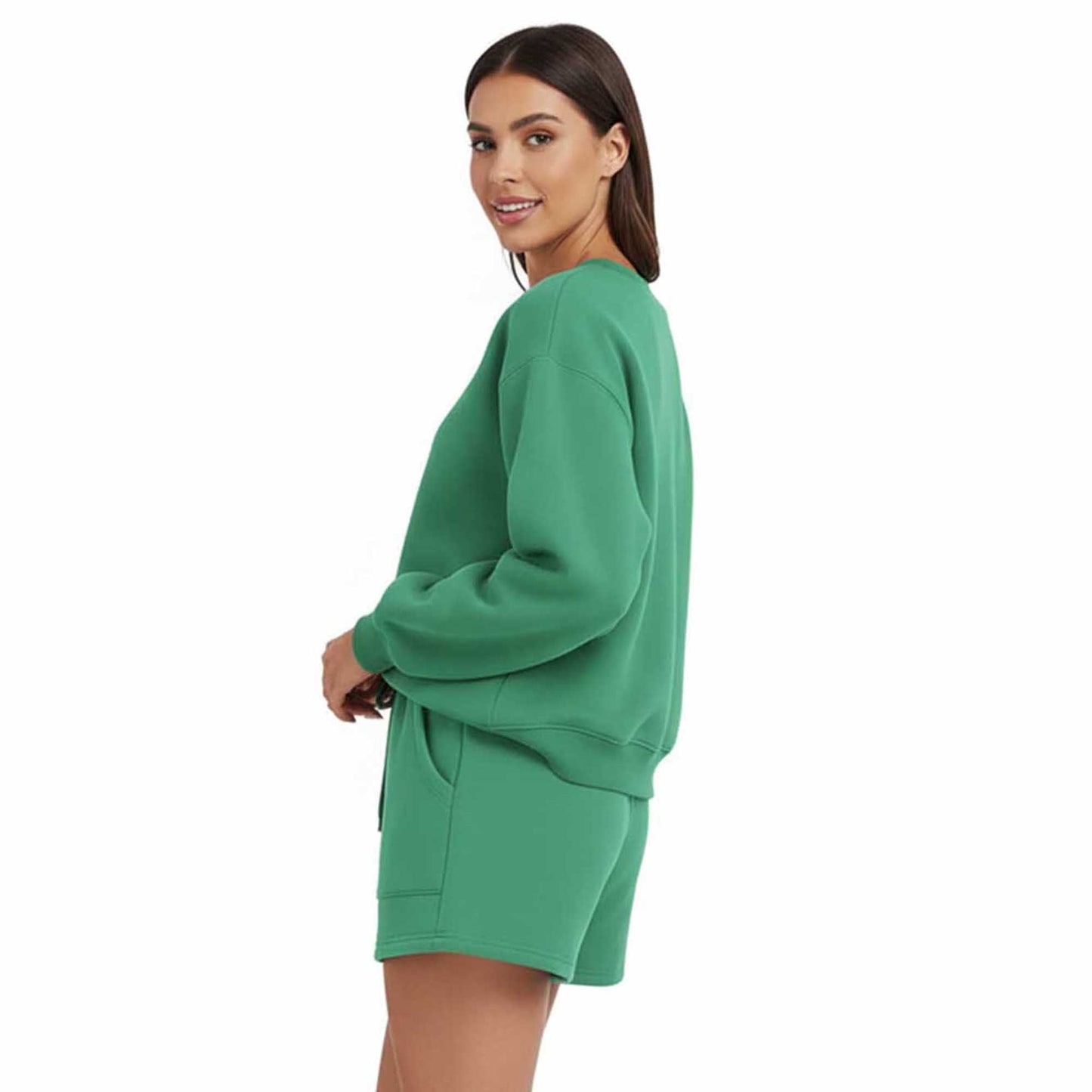 Cherie Code Women's Green Long Sleeve Cotton Sweatshirt and Shorts Set – Casual Fit with Elastic Waist and Pockets