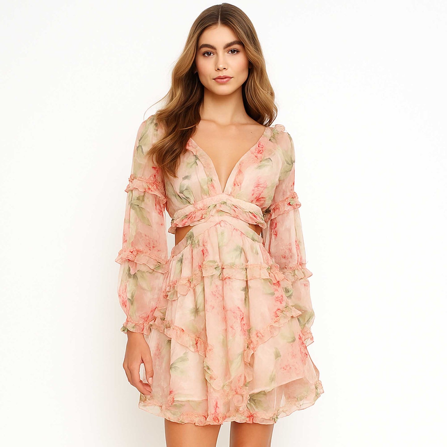 Women's Floral Chiffon V-Neck Ruffle Mini Dress – Romantic Long Sleeve Dress for Spring by Cherie Code