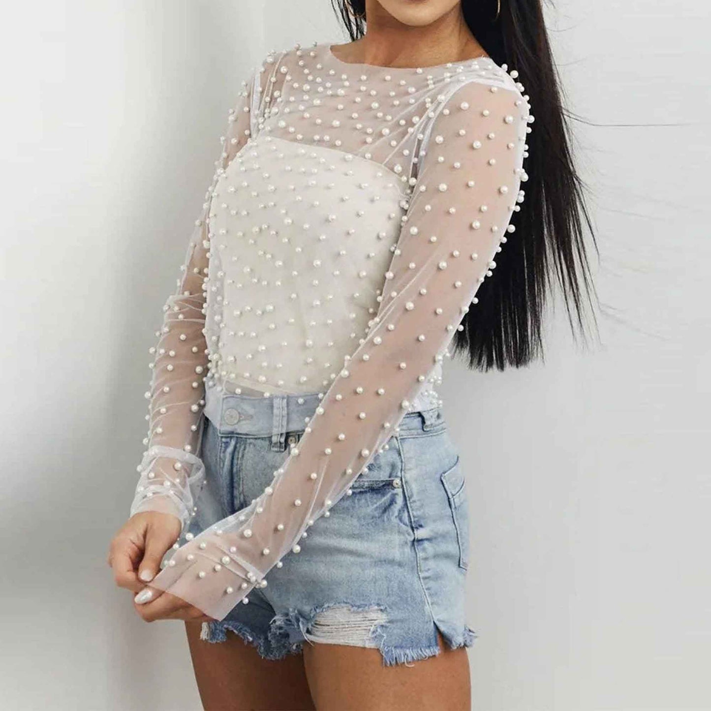 Chic Long Sleeve Sheer Top with Pearl Details - Non-Stretch Polyamide Layering Essential Cherie Code