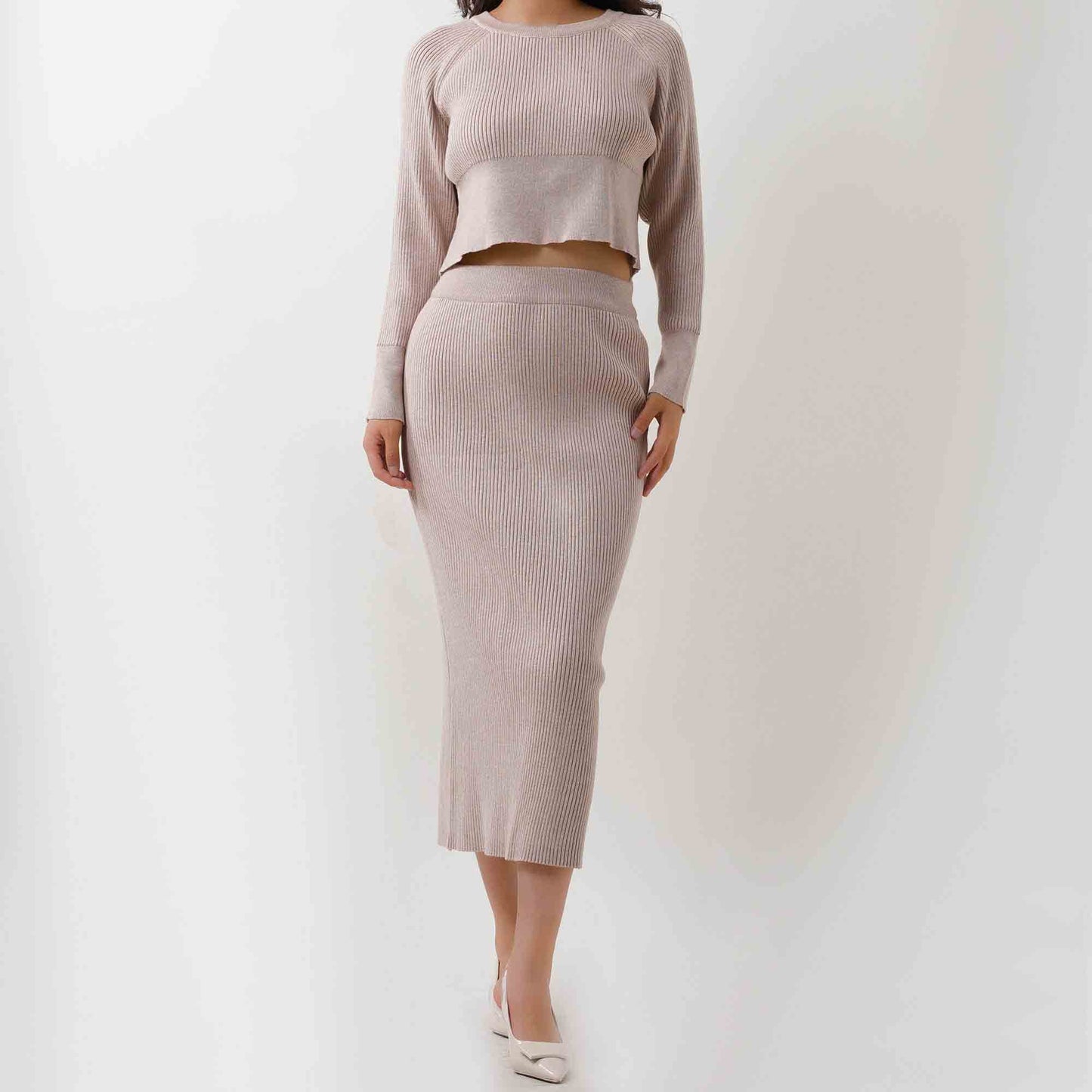 Women's Sweater Set - Stretch Knit Top & Back-Slit Midi Skirt Matching Set Cherie Code