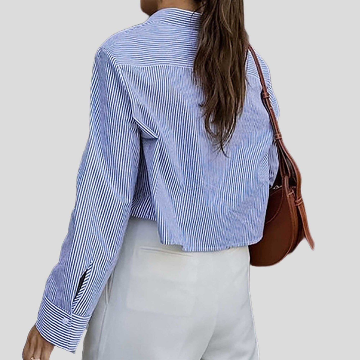 Women Blue Stripe Button-Down Shirt with Turn-Down Collar & Cuffed Sleeves – Polyester-Cotton Blend Cherie Code