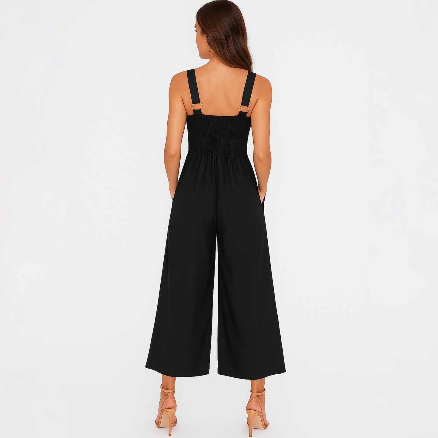 Woman V-Neck Cutout Wide-Leg Jumpsuit – 100% Cotton Casual High Waist Cherie Code