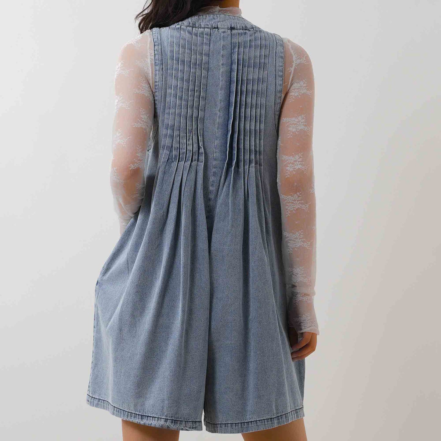 Women's Denim Romper - Sleeveless V-Neck Jumpsuit with Tie Front & Pockets Cherie Code