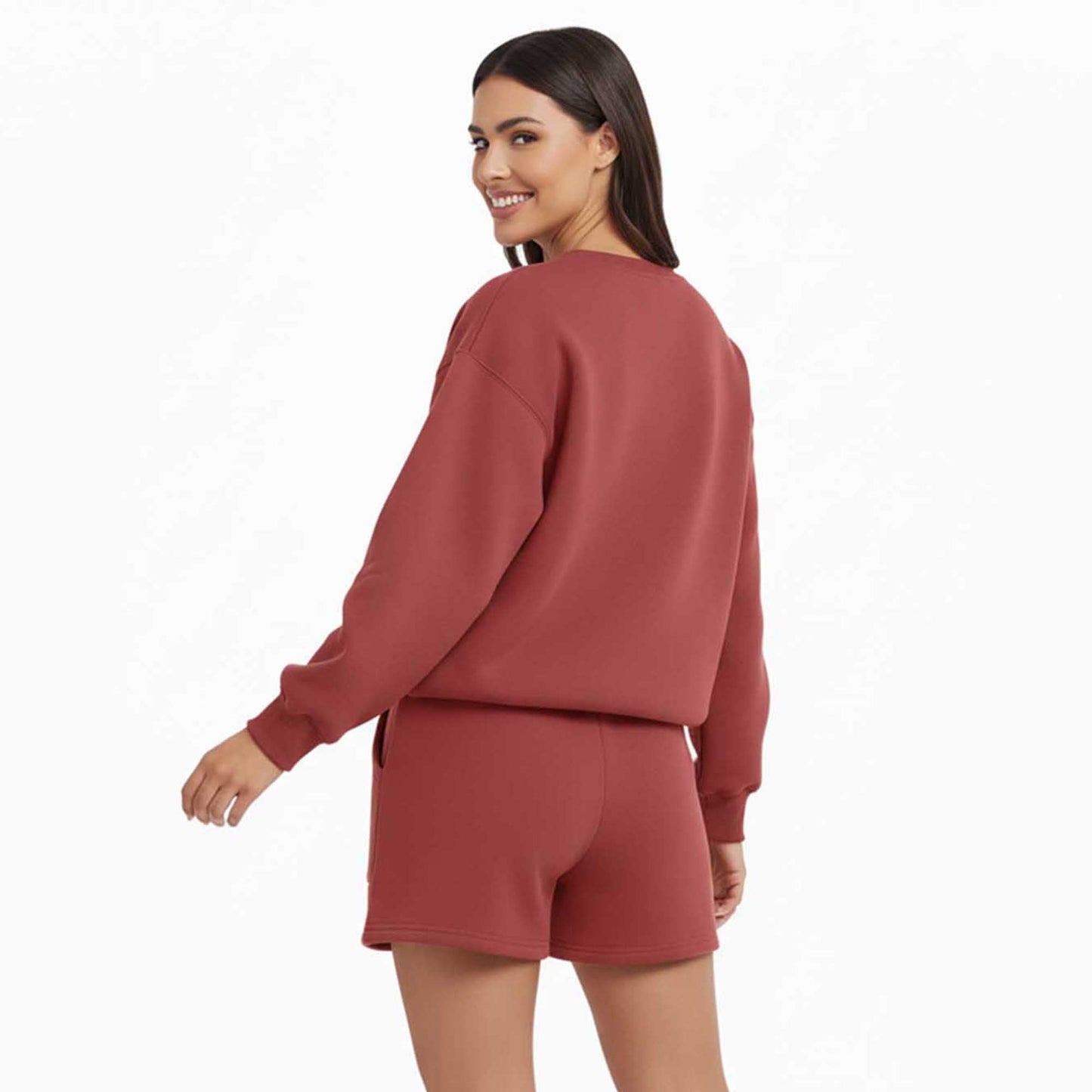 Cherie Code Women's Green Long Sleeve Cotton Sweatshirt and Shorts Set – Casual Fit with Elastic Waist and Pockets