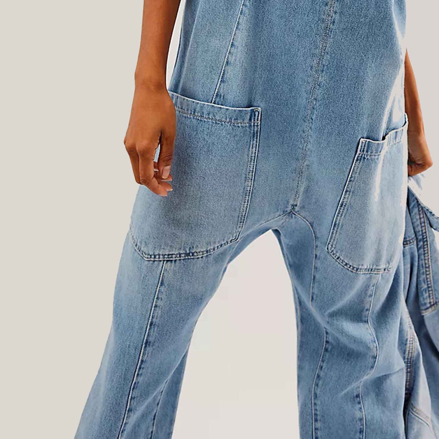 Woman Relaxed Fit Reversible Denim Jumpsuit with Adjustable Straps – Medium Wash Cherie Code