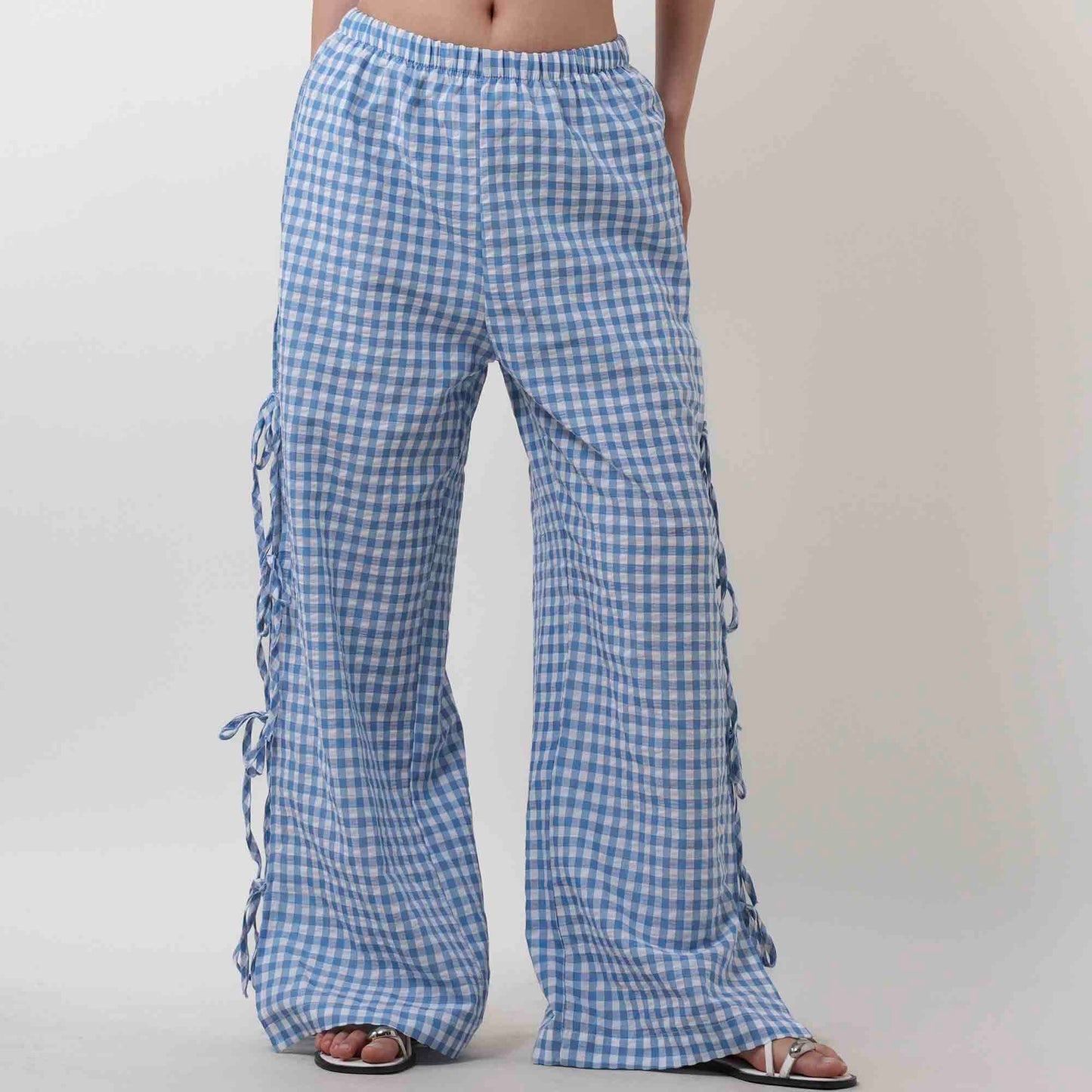 Women Everyday Checked Elastic Waist Side Strape Bowtie Casual Loungewear Pants Cherie Code