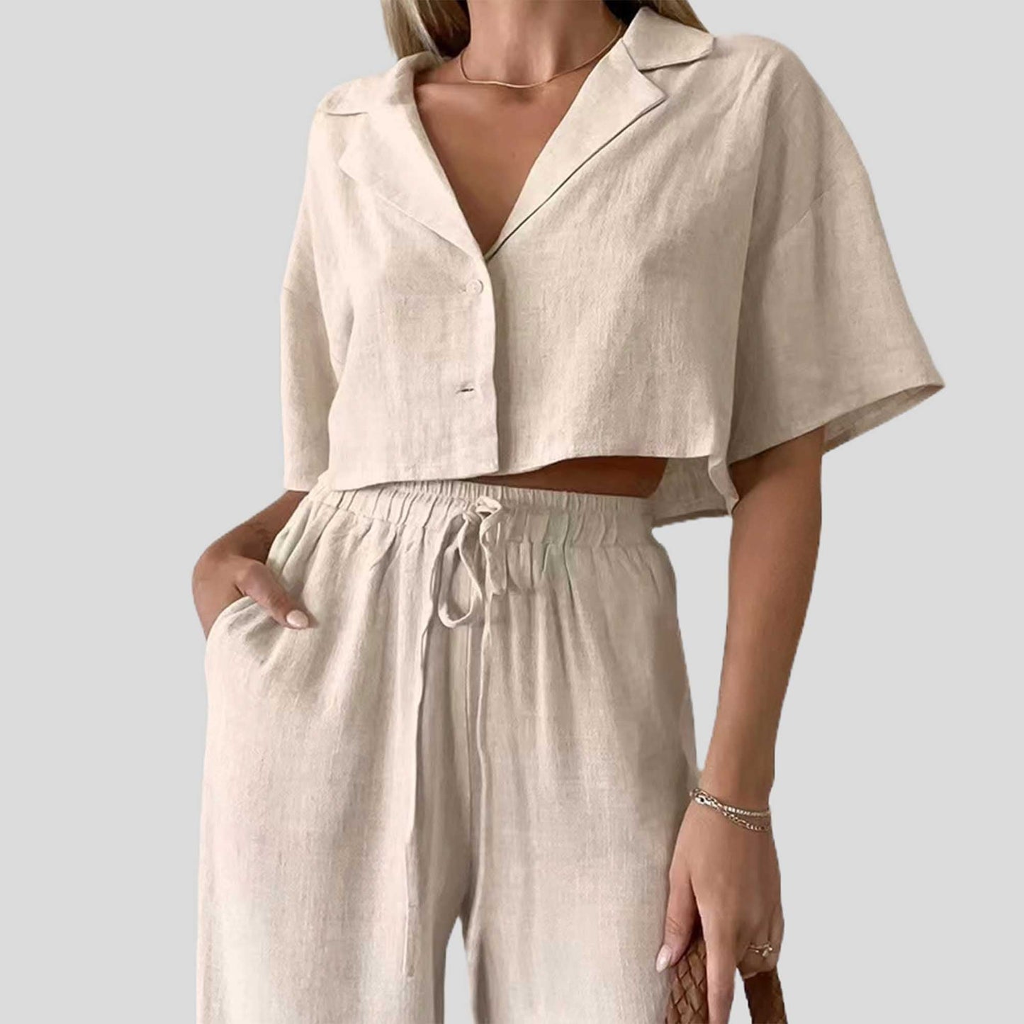 Women Set with Button-Down Top & Elastic Waist – Short Sleeve, Wide Leg, Polyester-Cotton Blend Cherie Code