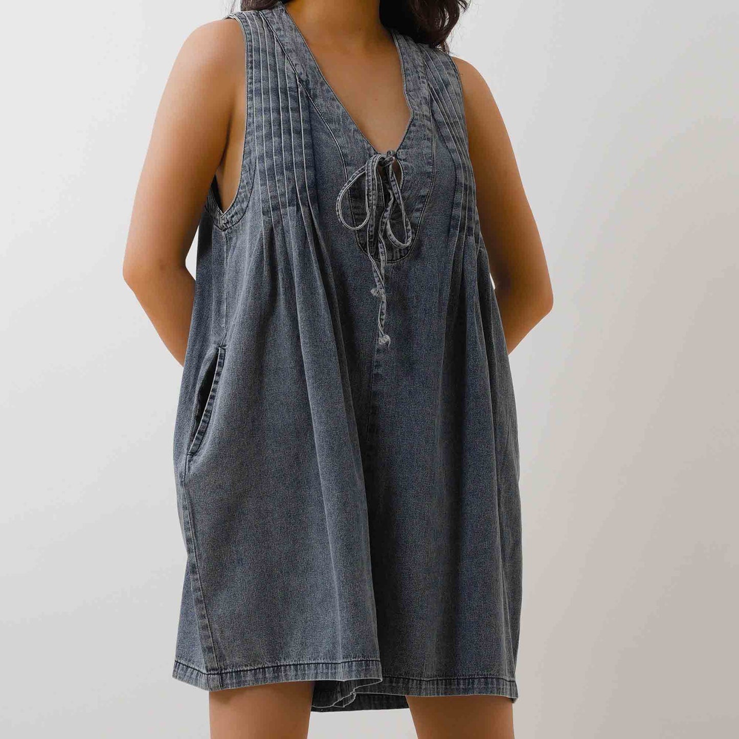 Women's Denim Romper - Sleeveless V-Neck Jumpsuit with Tie Front & Pockets Cherie Code