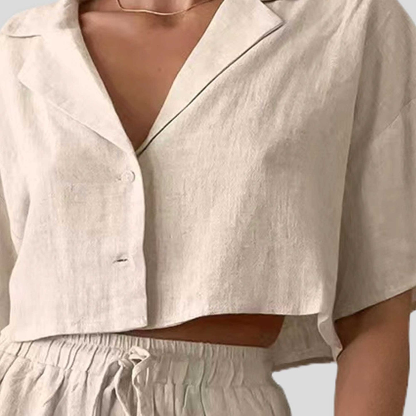 Women Set with Button-Down Top & Elastic Waist – Short Sleeve, Wide Leg, Polyester-Cotton Blend Cherie Code