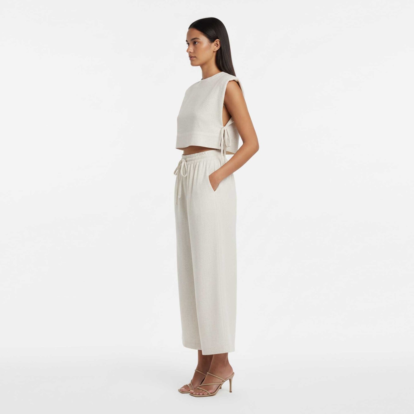Women Khaki Linen-Cotton Sleeveless Slim Fit Set – Stretch Two-Piece Outfit Cherie Code