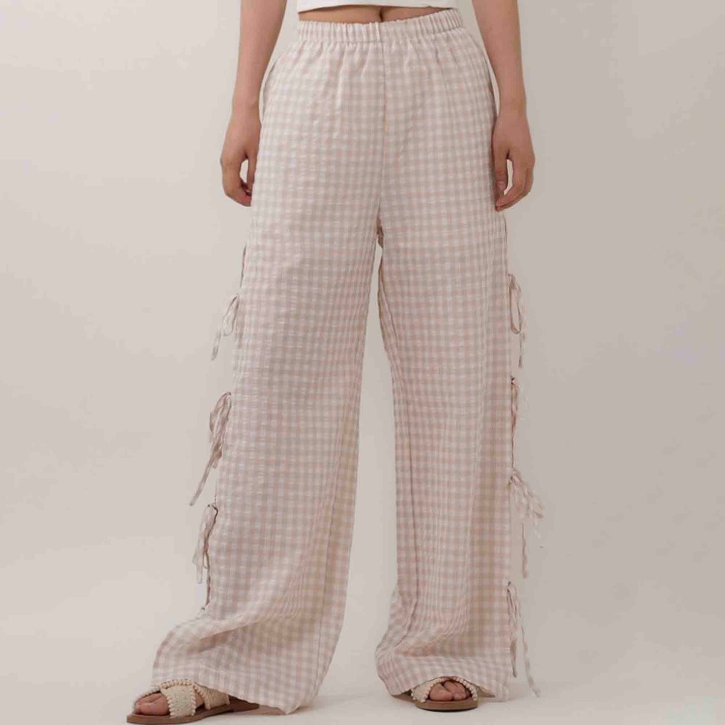 Women Everyday Checked Elastic Waist Side Strape Bowtie Casual Loungewear Pants Cherie Code
